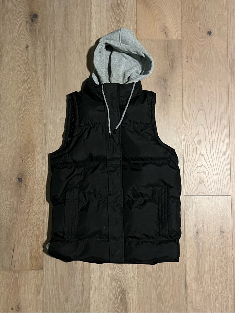 Vintage Smash Puffer Vest Black Quilted Hooded Layered Zip